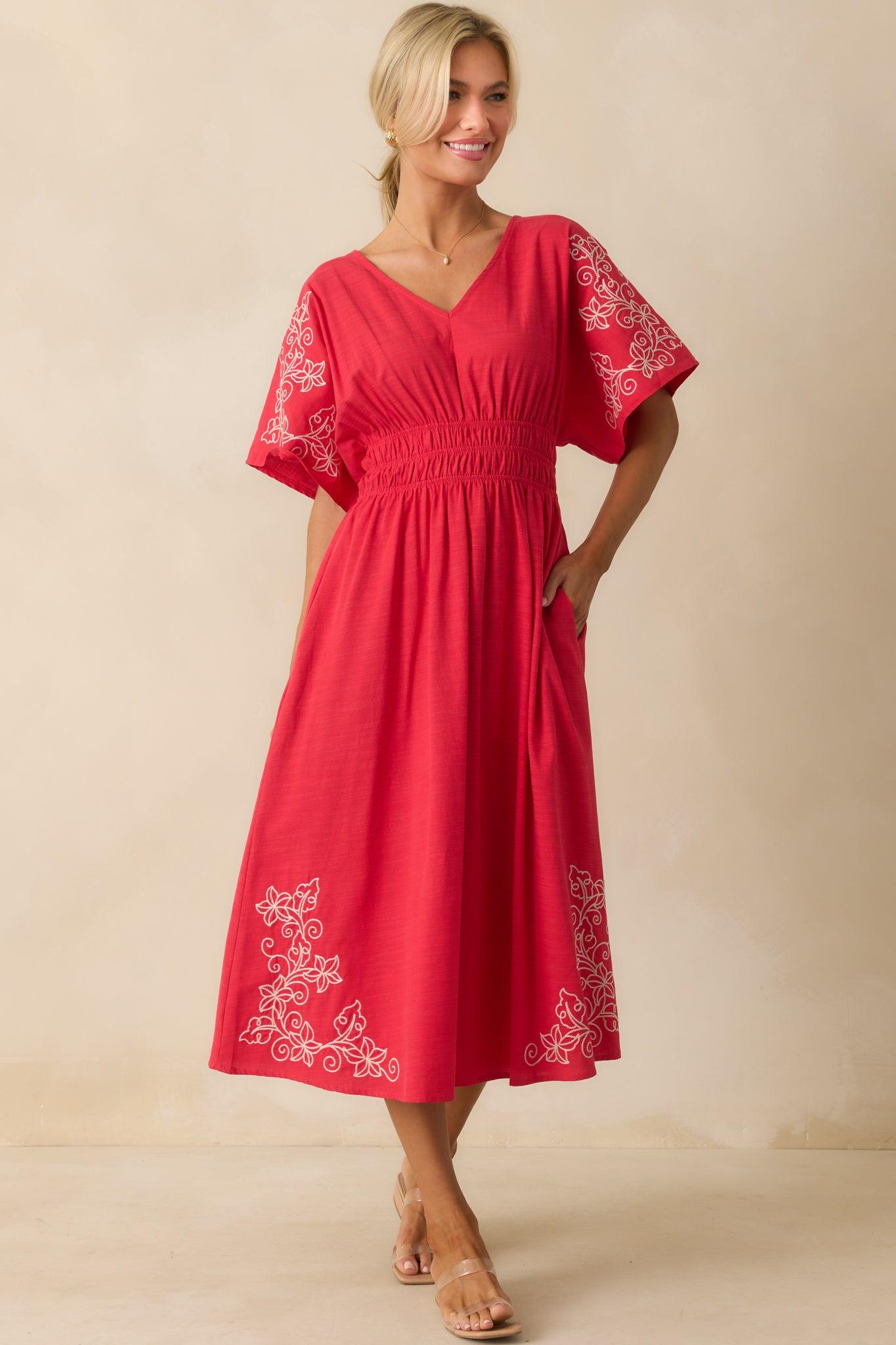 Finding Your Way Red Floral Embroidered Cotton Midi Dress Product Image