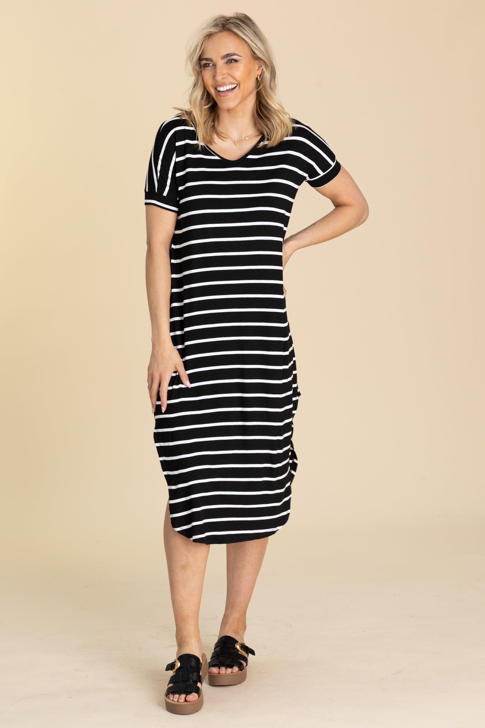 Striped Curved Hem Midi Dress With Pockets Product Image