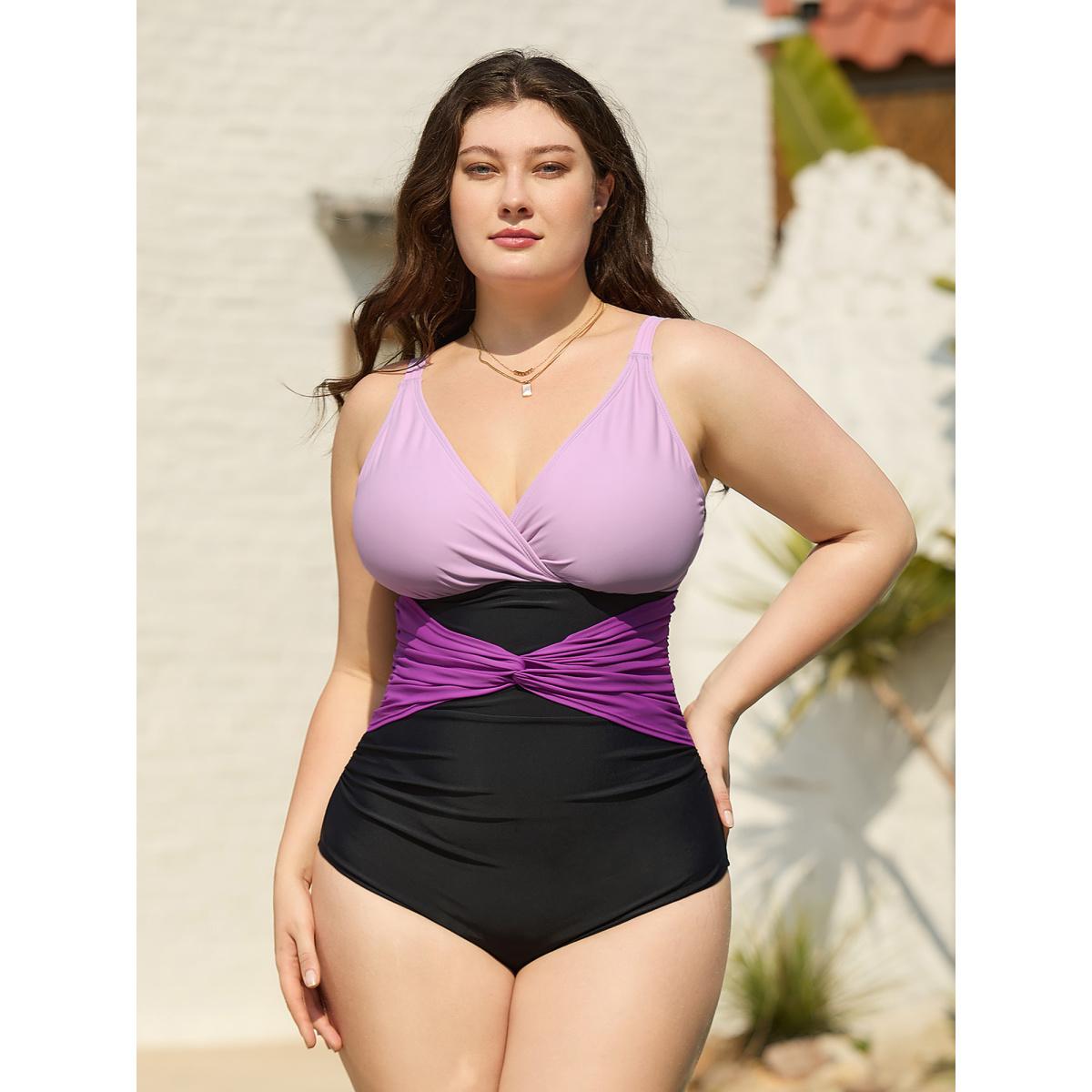 Plus Size Color Block Ruched One-Piece Swimsuit Women's Swimwear Lilac Beach Twist Curve Bathing Suits High stretch One Pieces BloomChic 26/4X Product Image