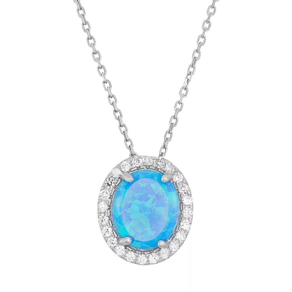 Lab-Created Blue Opal & Cubic Zirconia Sterling Silver Oval Halo Pendant Necklace, Women's, Size: 18" Product Image