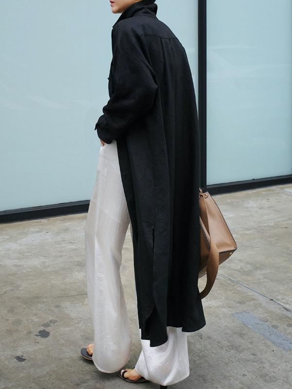 Simple Long Sleeves Split-Side Solid Color Lapel Midi Dresses Shirt Dress Product Image