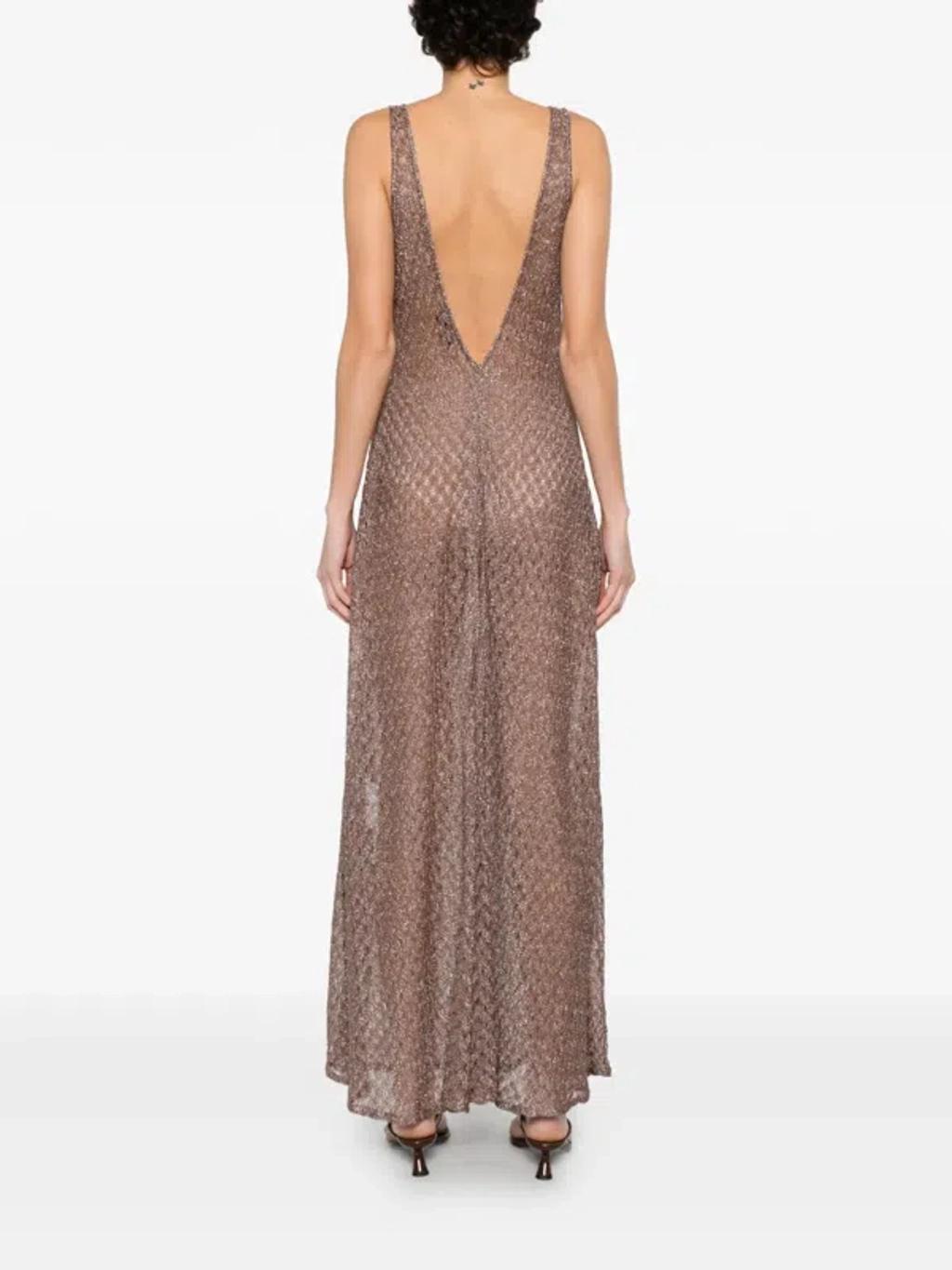 MISSONI Open Knit V-neck Knitted Dress In Brown Product Image