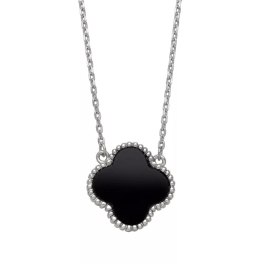 Sterling Silver Black Agate Round Clover Pendant Necklace, Womens Product Image