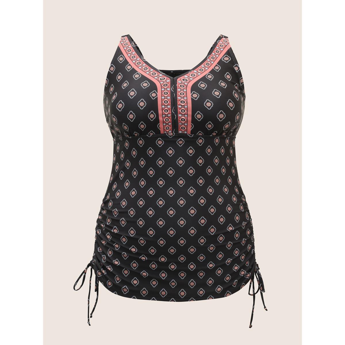 Plus Size V Neck Bandana Print Drawstring Swim Top Women's Swimwear Black Beach Tie knot High stretch Skinny V-neck Curve Swim Tops BloomChic 18-20/2X Product Image