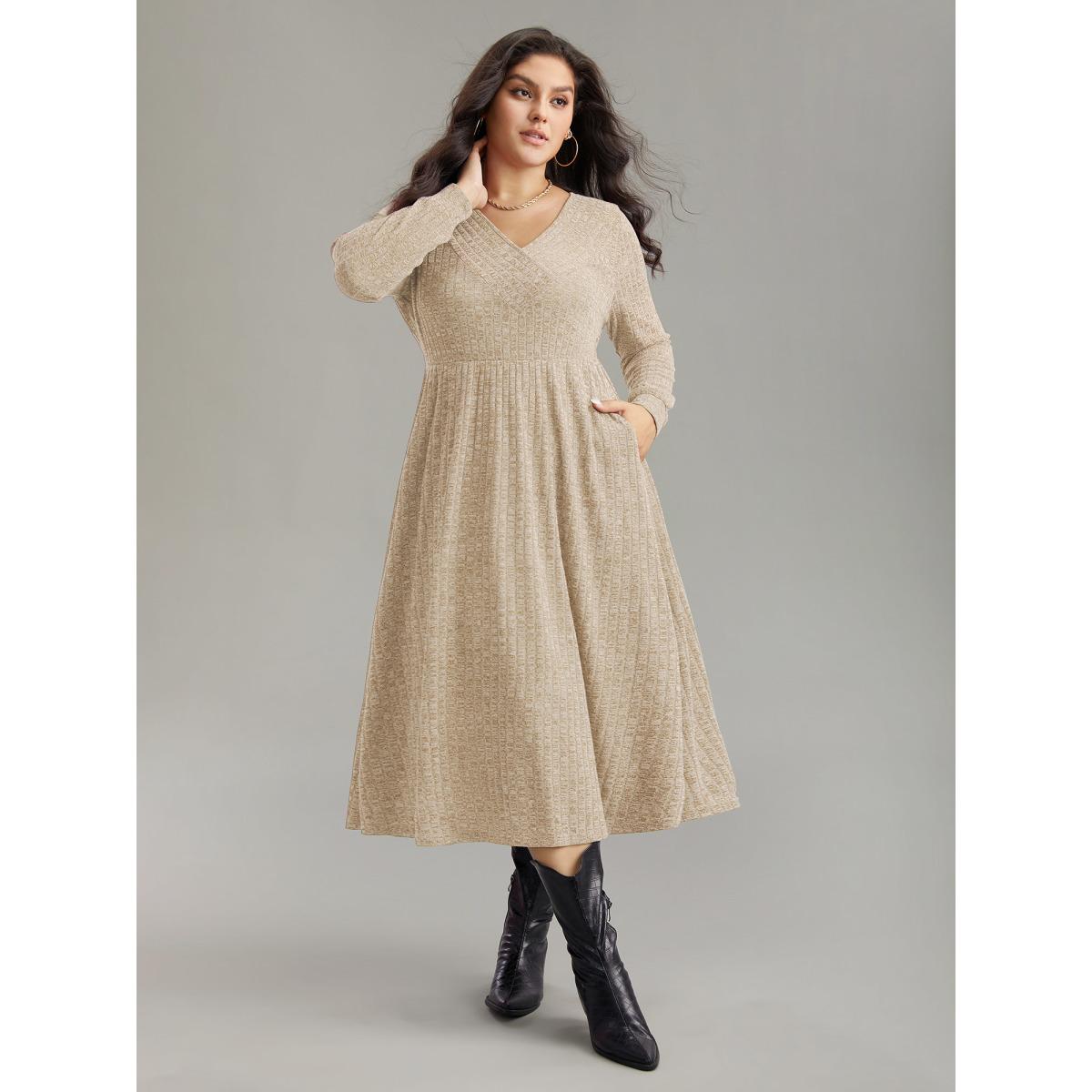 Plus Size Rib Knit Plain Plisse Long Sleeve Dress Beige Women Casual Rib Knit V-neck Long Sleeve Curvy Midi Dress BloomChic 28/5X Product Image