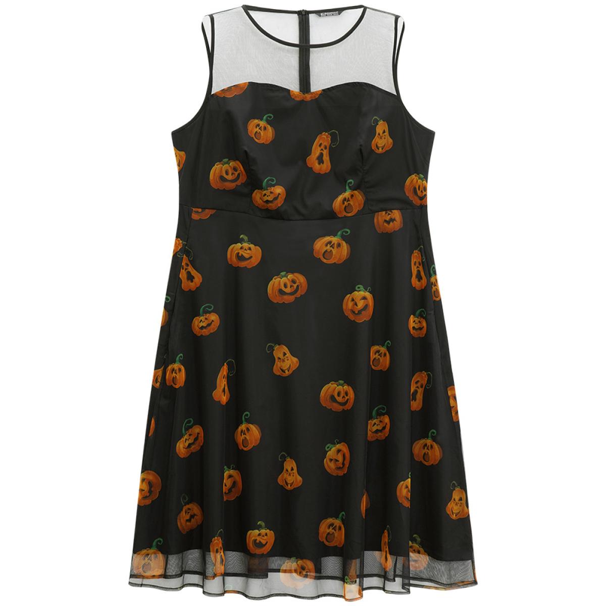 Plus Size Halloween Pumpkin Print Mesh Patchwork Tank Dress BlackFlower Women Elegant See through Round Neck Sleeveless Curvy Midi Dress BloomChic 10/M Product Image