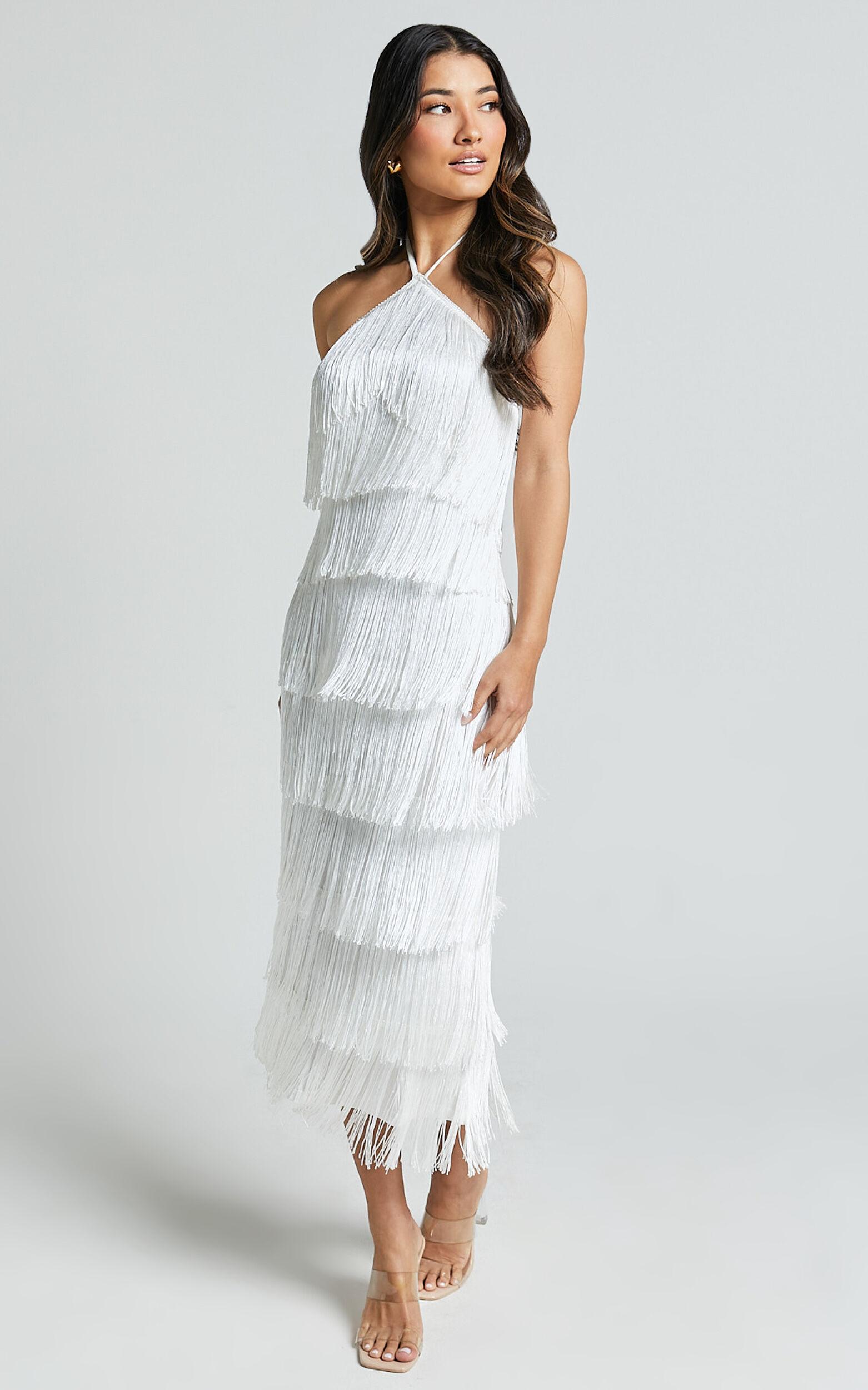 Trixie Maxi Dress - Diamond Halter Neck Fringe Tiered Dress in White Product Image