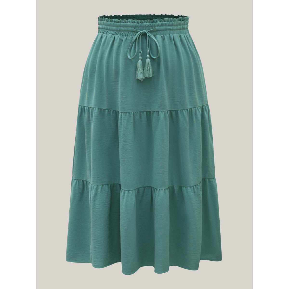 Plus Size Smocked Waist Lace Tiered Midi Skirt Women Turquoise Resort Gathered No stretch Side seam pocket Vacation Skirts BloomChic 14-16/1X Product Image