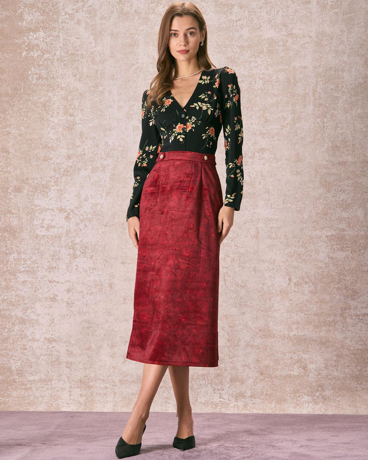 The Wine Red Split Hem Velvet Midi Skirt Product Image