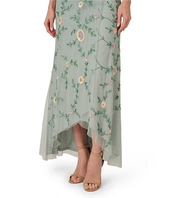 Adrianna Papell V-Neck Flutter Sleeve Floral Beaded Mesh Hi-Lo Gown Product Image
