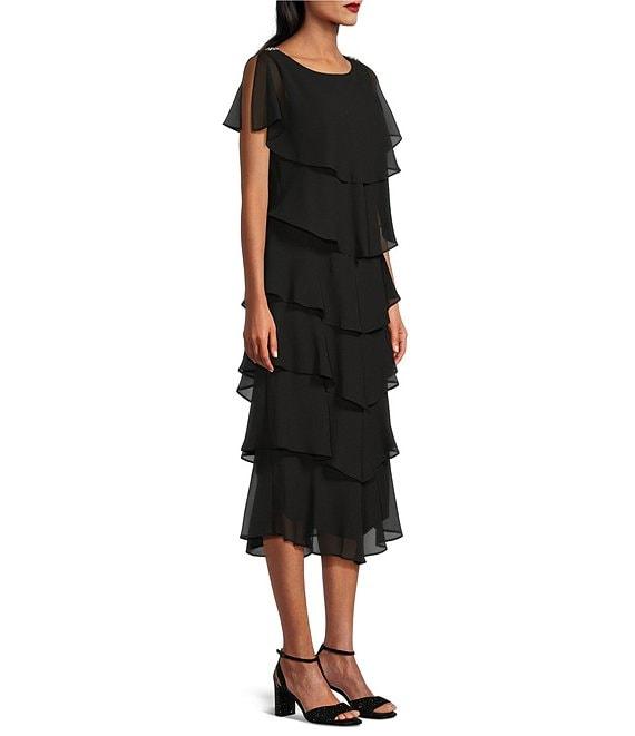 Ignite Evenings Cap Sleeve Crew Neck Beaded Trim Detail Chiffon Tiered Dress Product Image