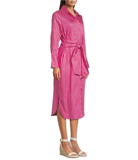 J.McLaughlin Orla Stripe Shirt Collar Long Sleeve Tie Waist Button Front Midi Dress Product Image