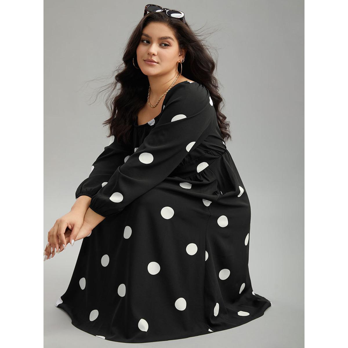 Plus Size Polka Dot Square Neck Gathered Elastic Cuffs Dress Black Women Elegant Elastic cuffs Square Neck Long Sleeve Curvy Midi Dress BloomChic 14-16/1X Product Image