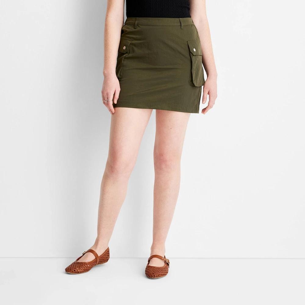 Women's Cargo Mini Skirt - Future Collective Dark Olive S: High Rise, A-Line, Back Elastic Waist, Woven Nylon Fabric Product Image