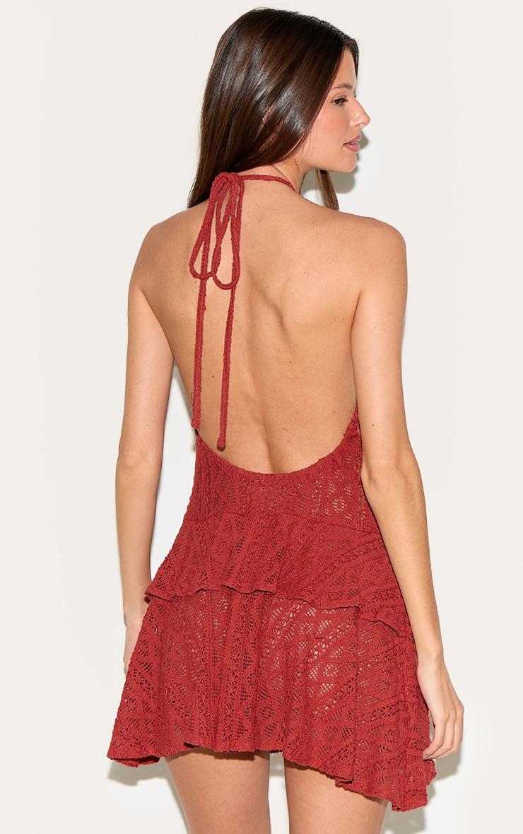 Rust Crochet Halterneck Frill Detail Shift Dress Product Image