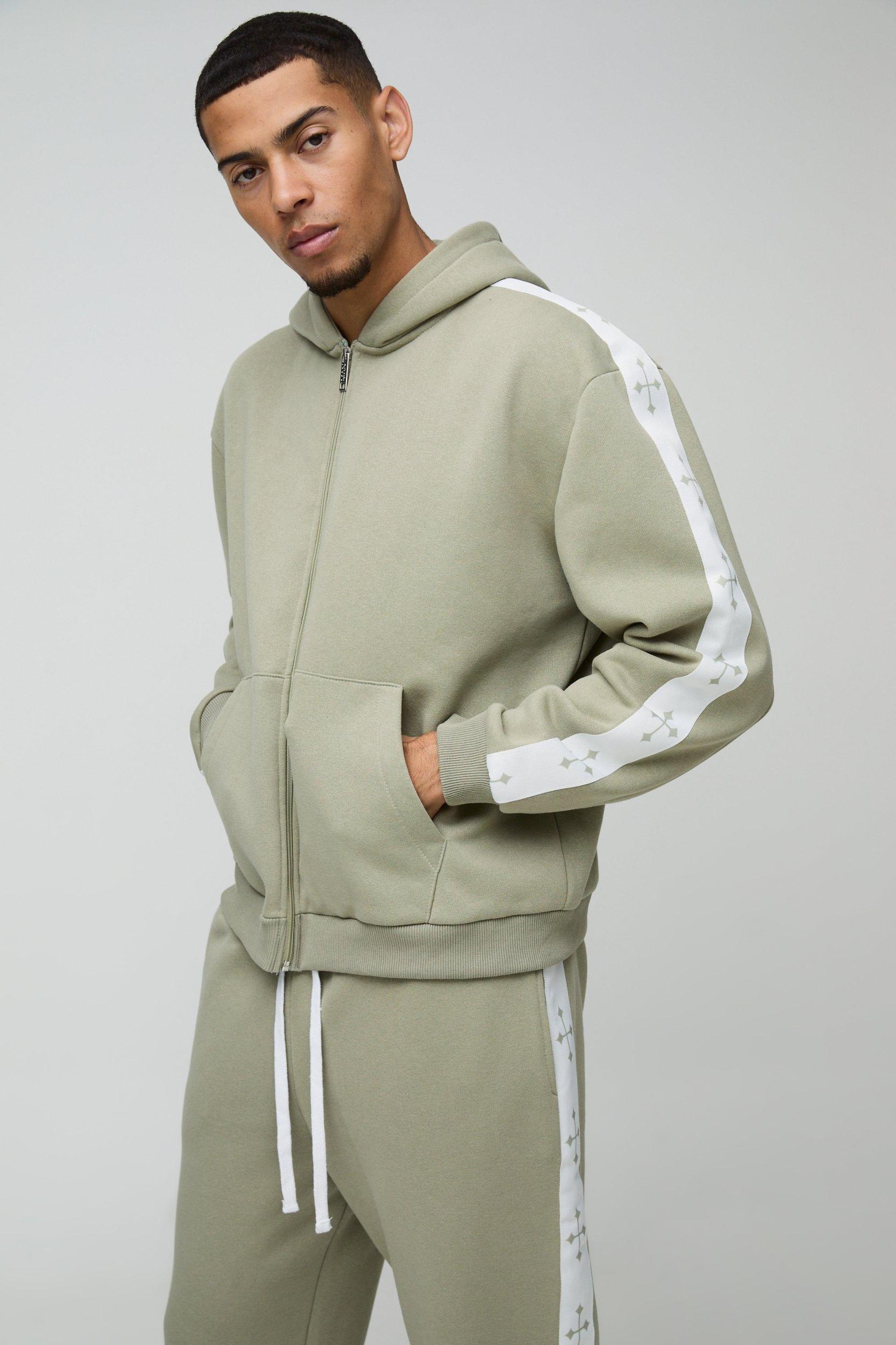 Oversized Boxy Cross Side Tape Zip Through Hooded Tracksuit | boohooMAN USA Product Image