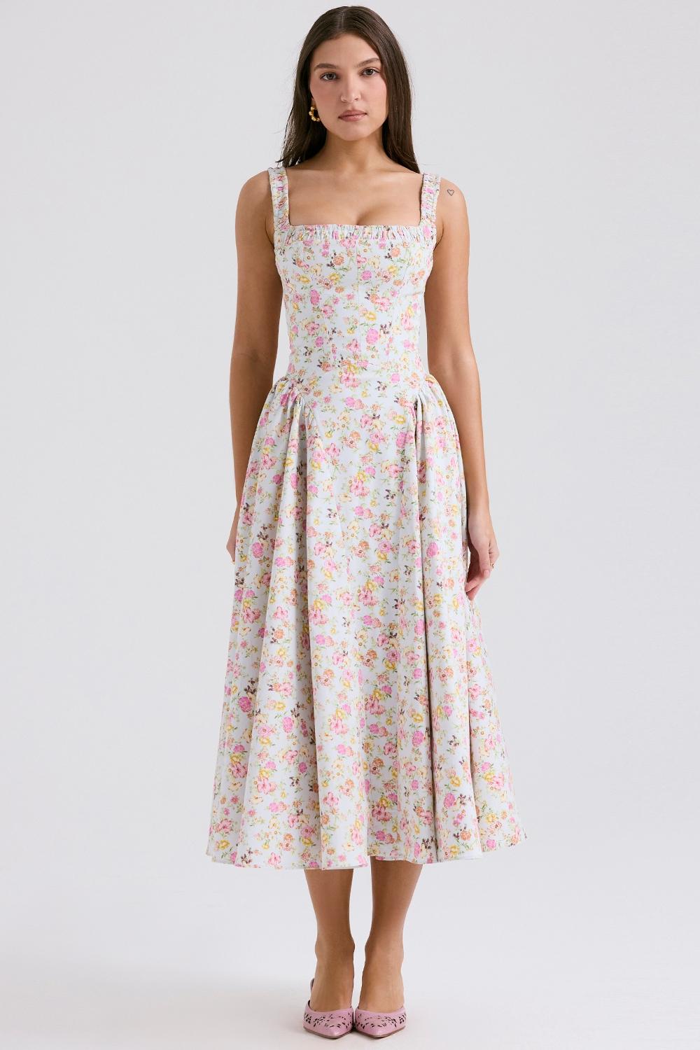 Dorothy  pale blue meadow print cotton midi sundress Product Image