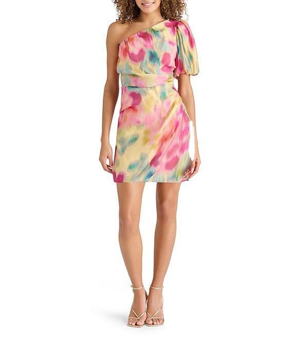 Steve Madden Angel Woven Floral Print One-Shoulder Neck One Sleeve Sheath Mini Dress Product Image