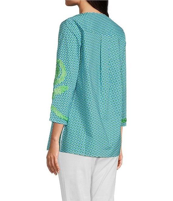 Calessa Petite Size Embroidered Retro Printed Split V-Neck 3/4 Sleeve Tunic Product Image