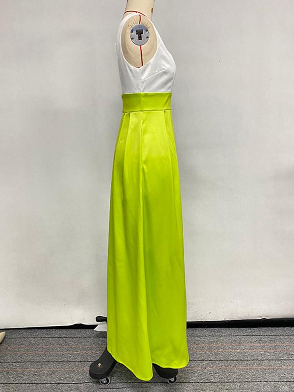 A-Line High Waisted Contrast Color Pleated Zipper Deep V-Neck Maxi Dresses Product Image