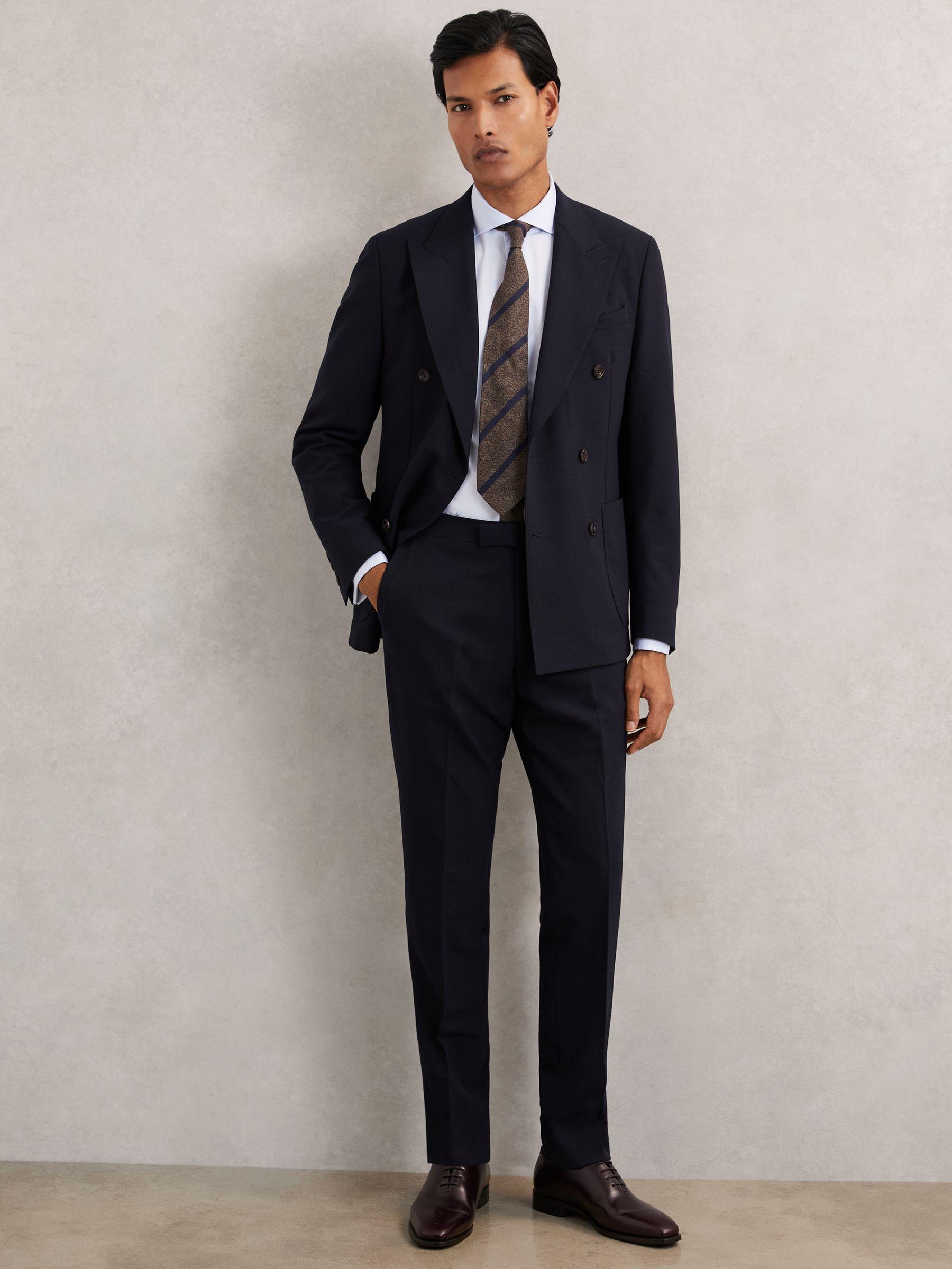 Double-Breasted Textured Suit Blazer Slim-Fit With Wool in Navy Product Image
