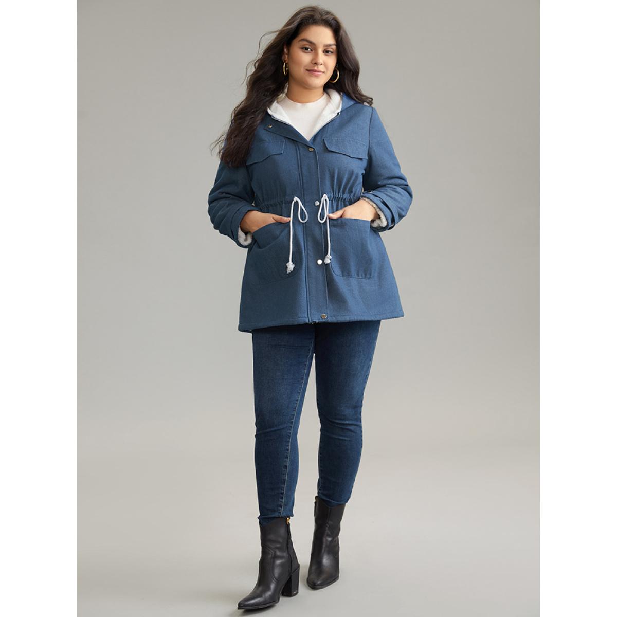 Plus Size Denim Patchwork Fuzzy Trim Drawstring Hooded Coat Women LightBlue Casual Contrast Ladies Dailywear Winter Coats BloomChic 14-16/1X Product Image