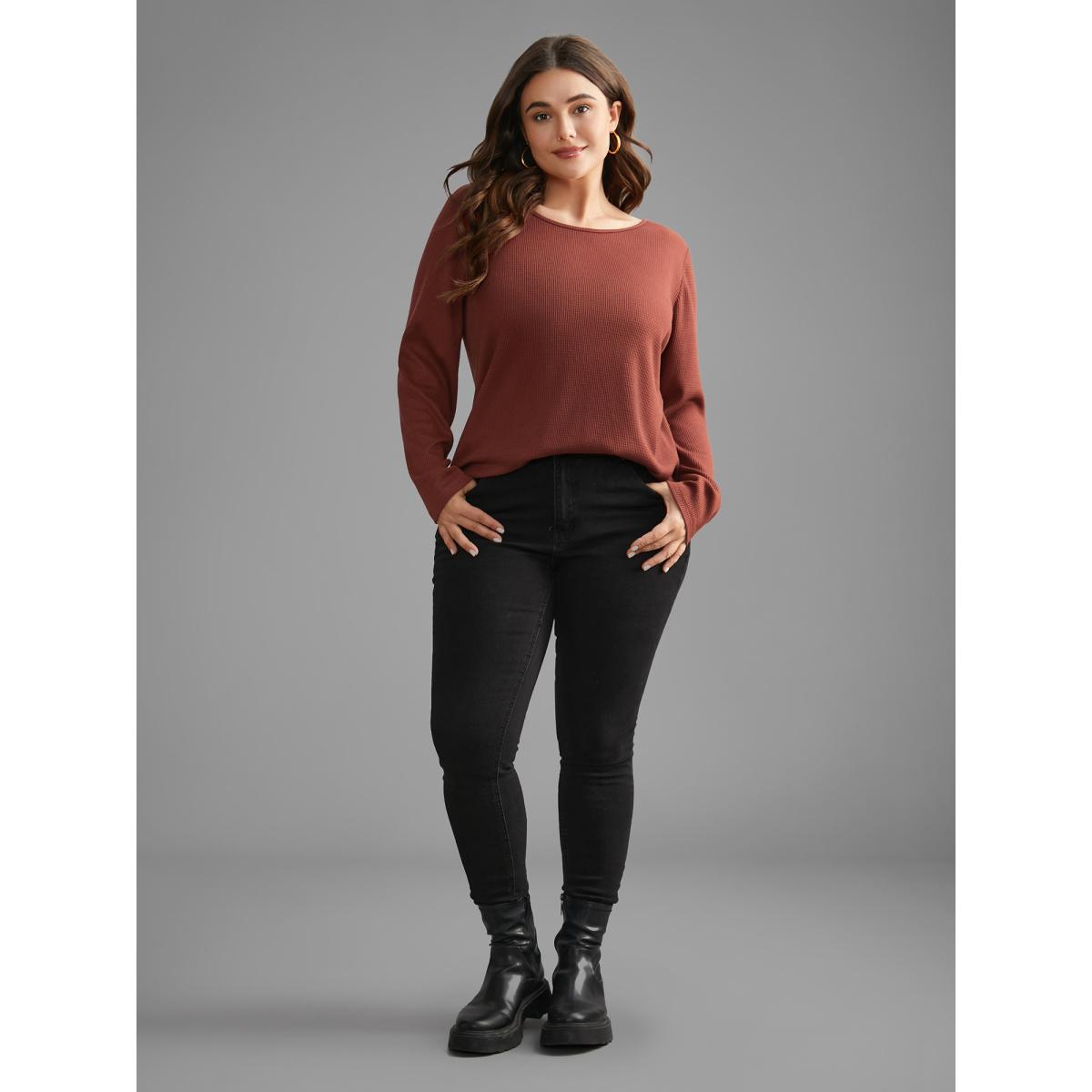 Plus Size Waffle Knit Button Detail Arc Hem T-shirt Rust Women Casual Texture Round Neck Everyday T-shirts BloomChic 12/L Product Image