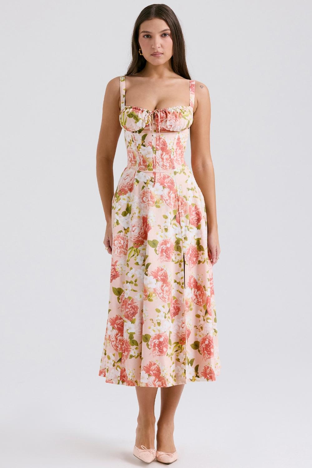Carmen  pink peony print cotton bustier sundress Product Image