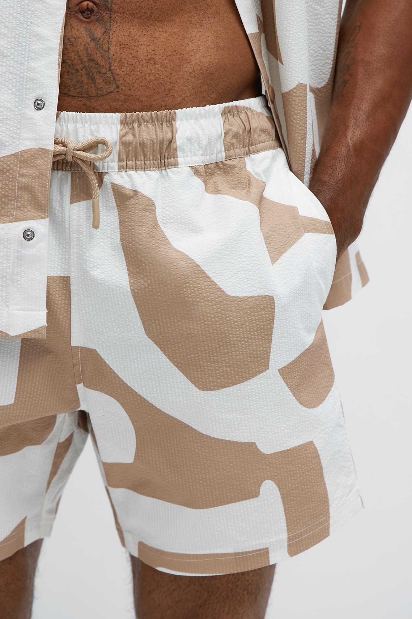 Seersucker Abstract Geo Printed Swim Trunk 6″ - Tan/Multi Male Product Image