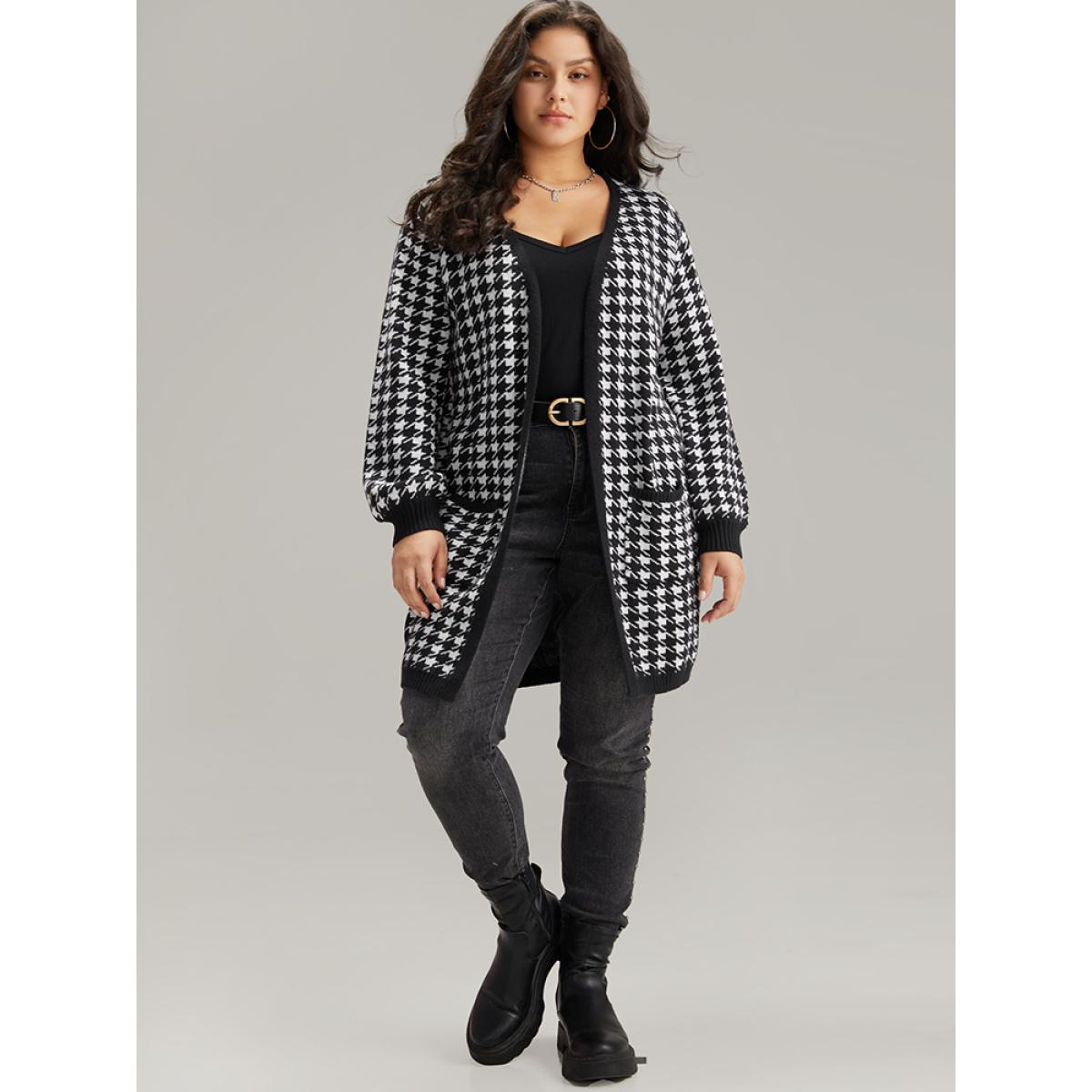 Plus Size Supersoft Essentials Houndstooth Pocket Elastic Cuffs Cardigan Black Women Casual Loose Long Sleeve Dailywear Cardigans BloomChic 14-16/1X Product Image