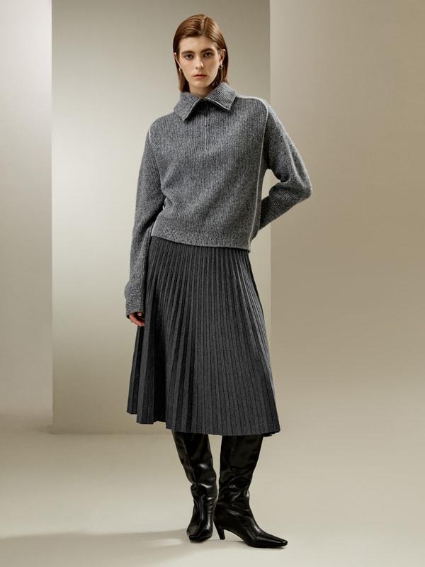 Pleated A-line Merino Wool Skirt Product Image