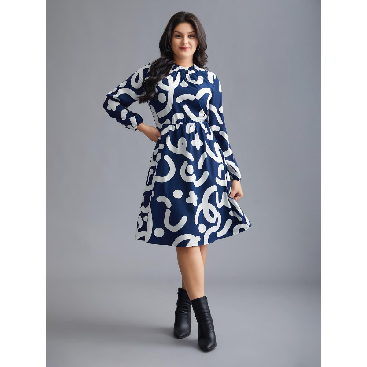 Plus Size Geometric Print Shirred Pocket Dress DarkBlue Women Elegant Shirred Mock Neck Long Sleeve Curvy BloomChic 26/4X Product Image