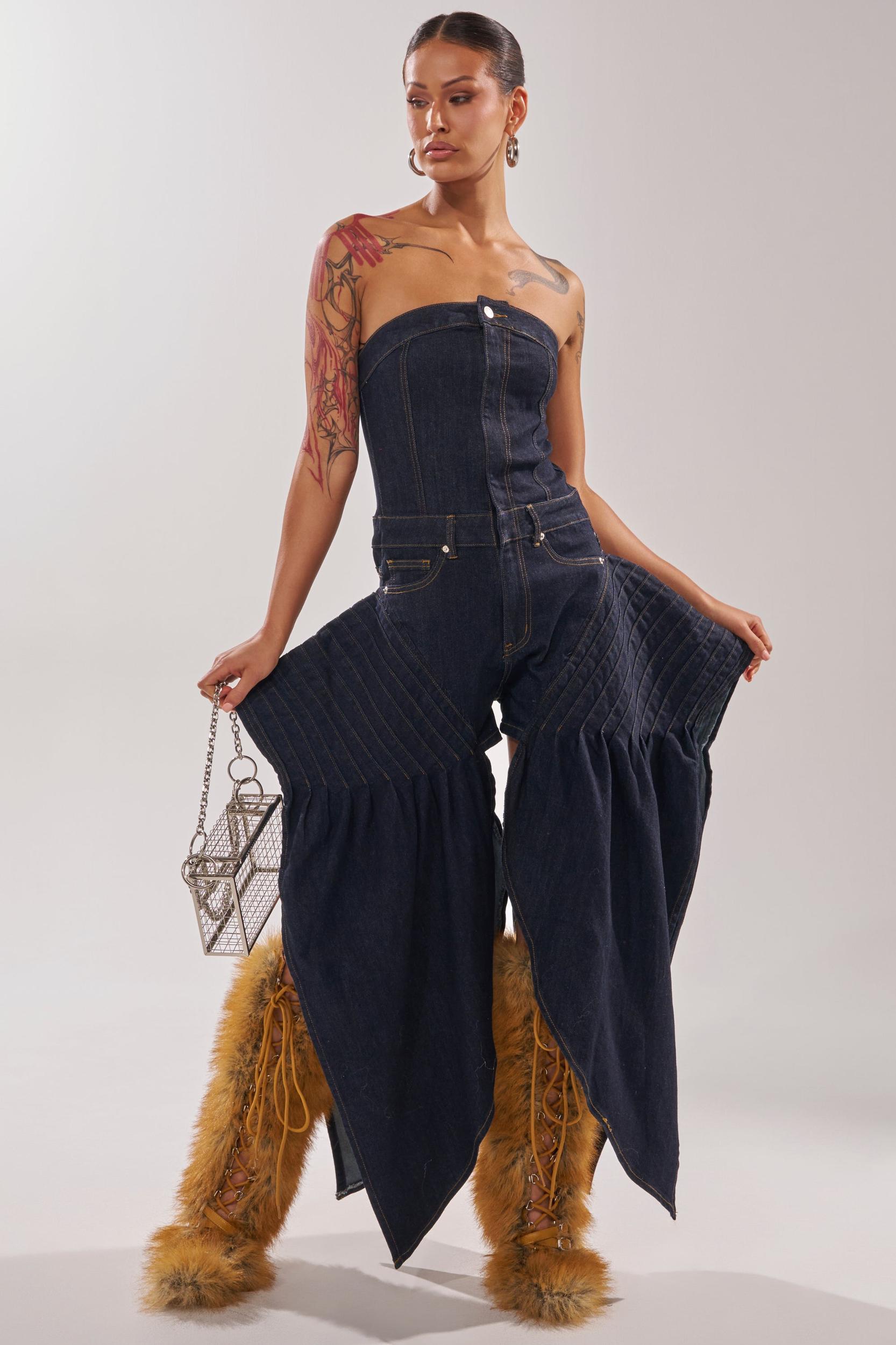 NO ONE LIKE ME DENIM ROMPER IN DARK BLUE DENIM Product Image