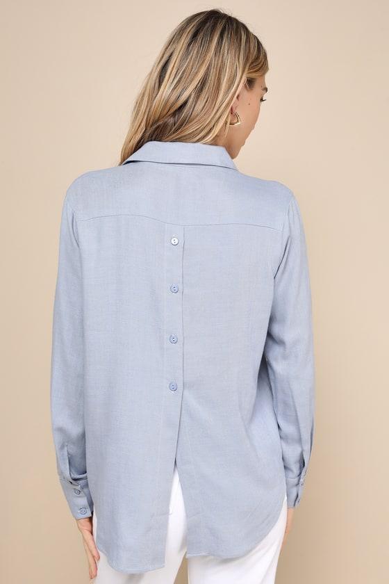 Notable Aesthetic Light Blue Linen Collared Button-Up Top Product Image