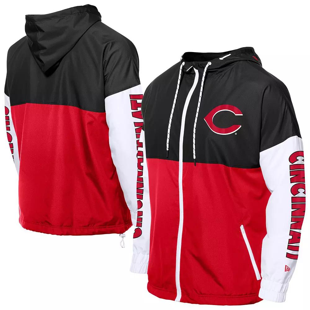Men's New Era Red/Black Cincinnati Reds Color Block Full-Zip Hoodie Windbreaker,  Product Image