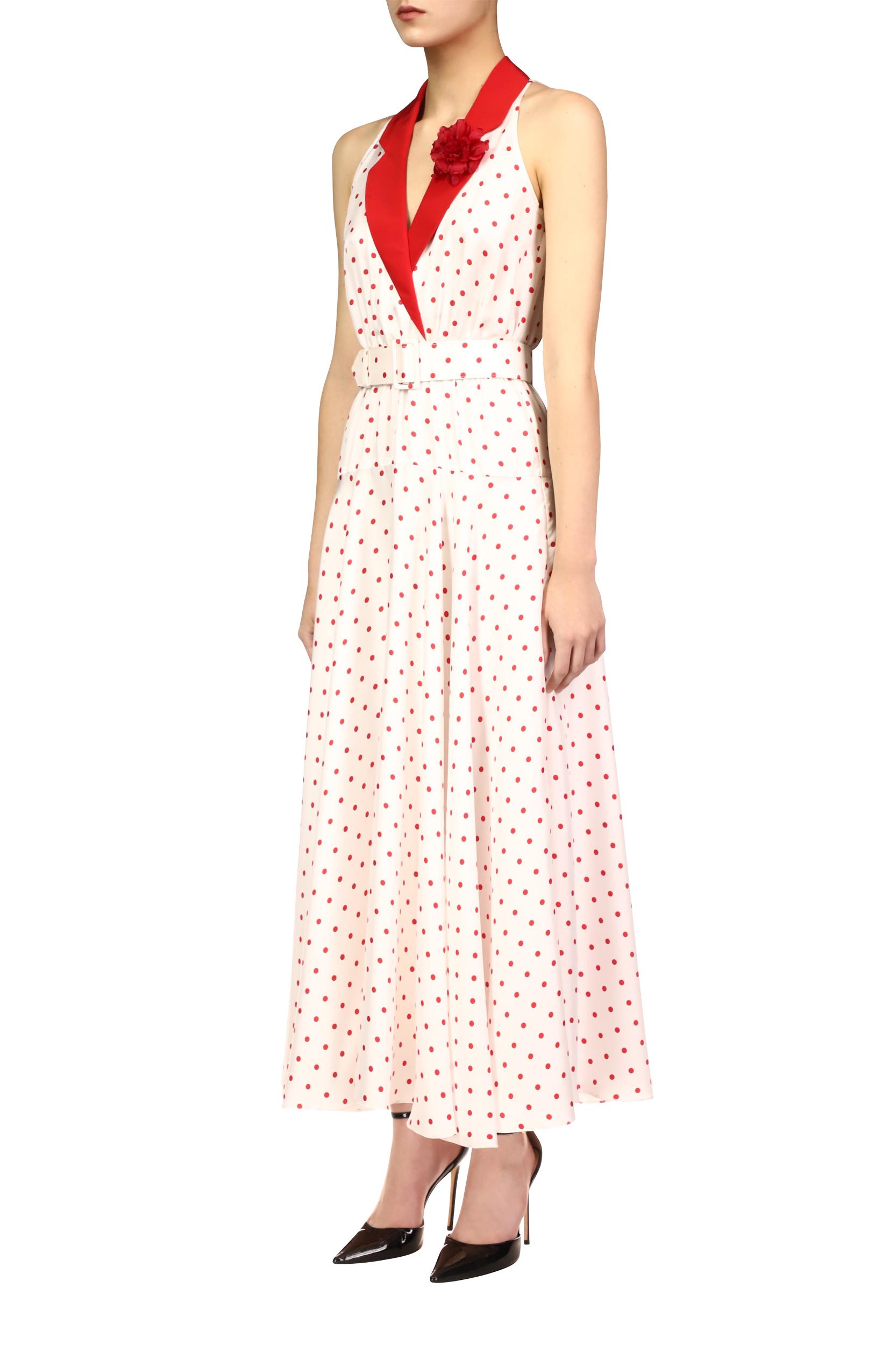 Polka Dot Silk Twill Collared Halter Dress With Belt Detail Product Image