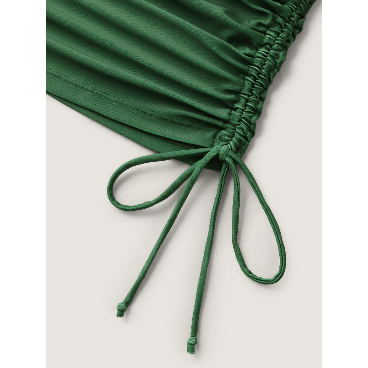 Plus Size Tropical Invite Drawstring Swim Top Women's Swimwear ArmyGreen Beach Cut-Out High stretch Bodycon U-neck Curve Swim Tops BloomChic 30/6X Product Image