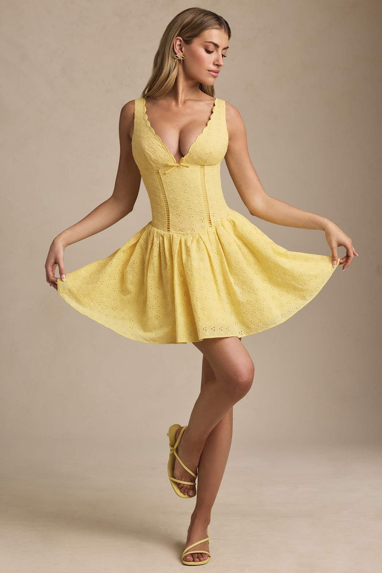 Broderie Anglaise Bow-Detail A-Line Mini Dress in Pastel Yellow Product Image