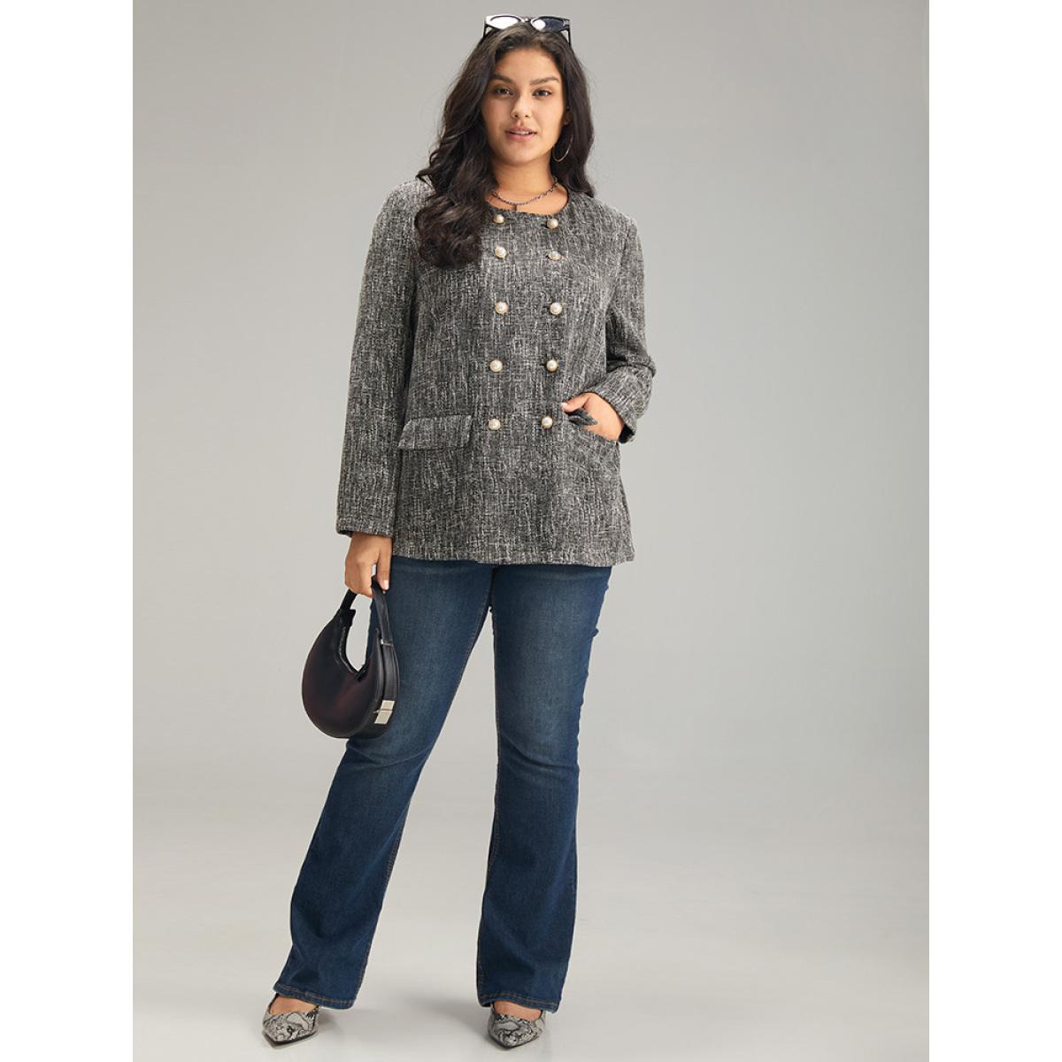 Plus Size Tweed Plisse Double Breasted Flap Pocket Coat Women Black Casual Texture Ladies Dailywear Winter Coats BloomChic 10/M Product Image