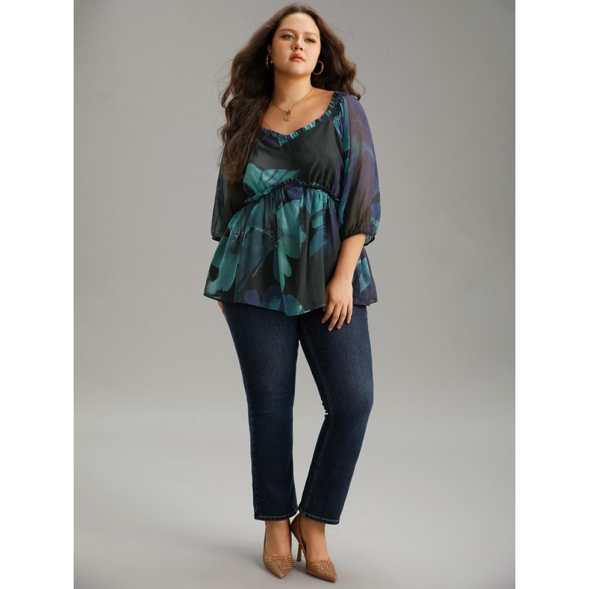 Plus Size Cyan Square Neck Floral Frill Trim Mesh Ruffles Blouse Women Elegant Elbow-length sleeve Square Neck Dailywear Blouses BloomChic 14-16/1X Product Image