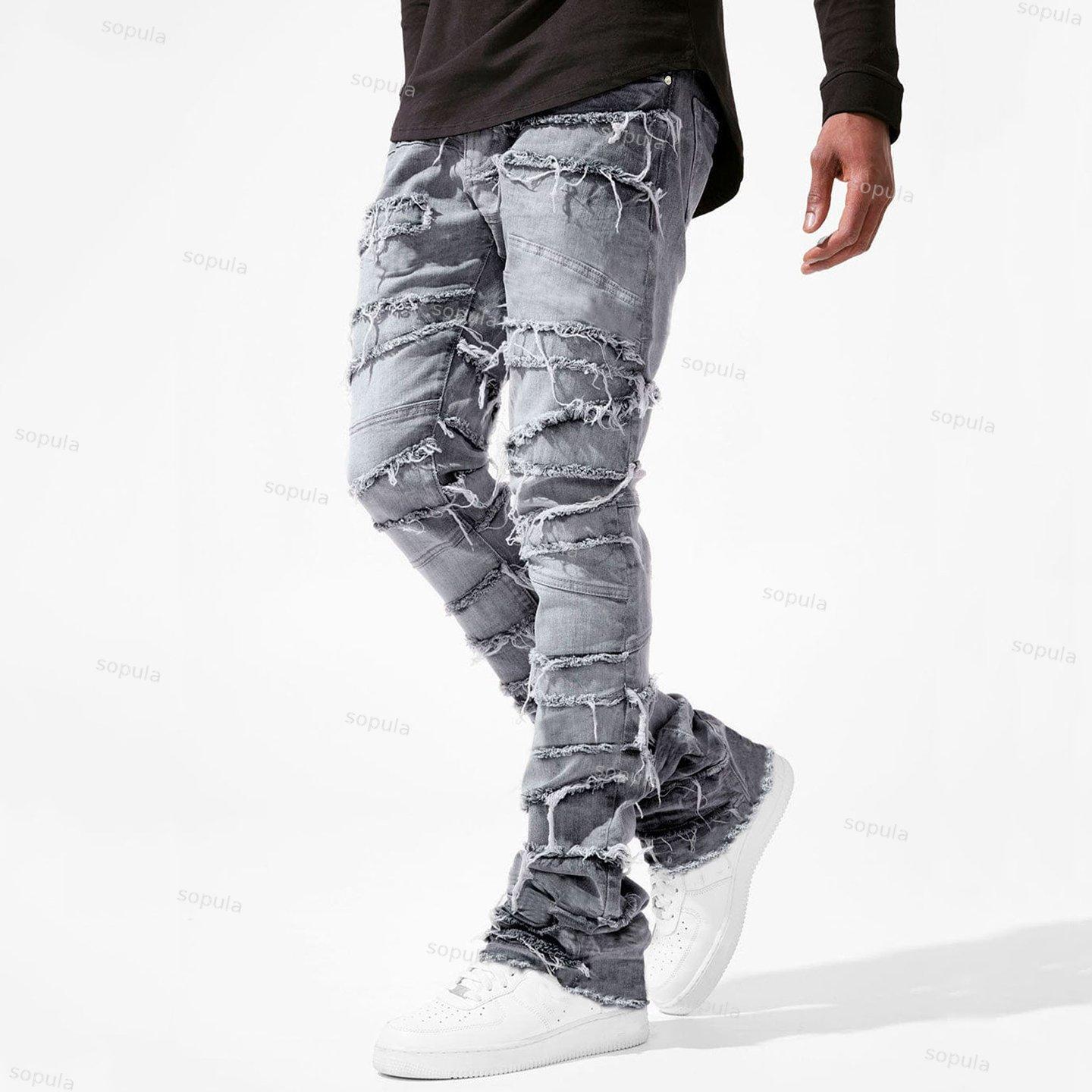 Men's Street Stretch Patch Denim Straight Pants Product Image