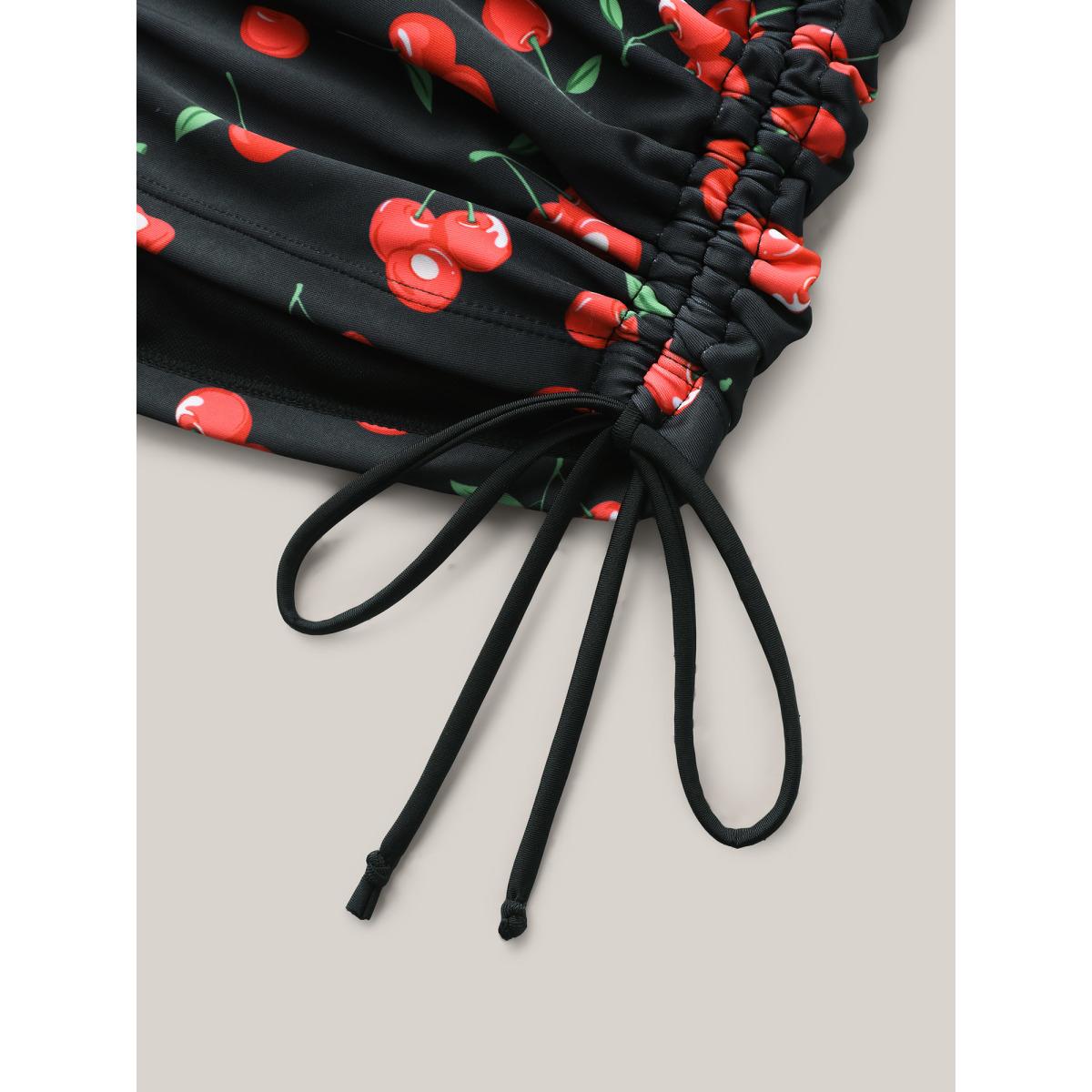 Plus Size Cherry Print Adjustable Drawstring Swim Bottoms Women's Swimwear Black Resort Drawstring High stretch Skinny High Rise Curve Swim Bottoms BloomChic 18-20/2X Product Image