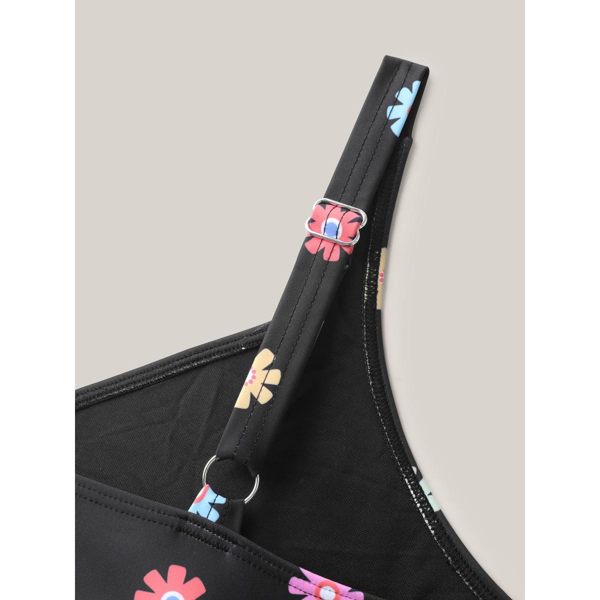 Plus Size Multi-Color Floral Pattern Flared Swim Top Women's Swimwear Black Beach Gathered High stretch Bodycon Heart neckline Curve Swim Tops BloomChic 18-20/2X Product Image