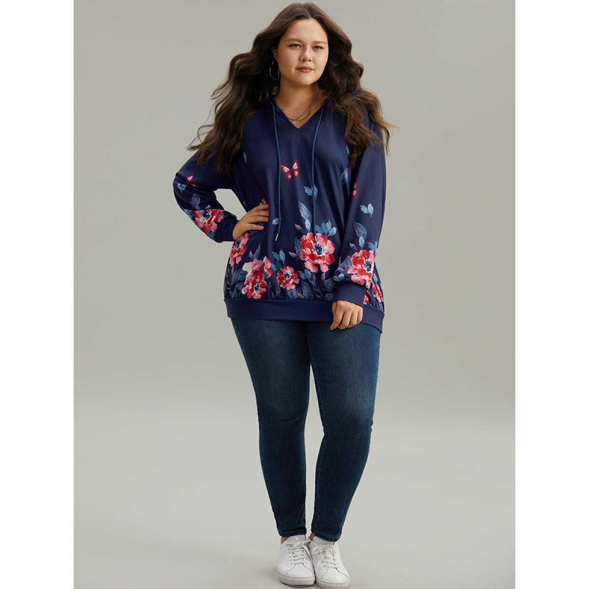 Plus Size Floral & Butterfly Print Hooded Drawstring Sweatshirt Women Multicolor Casual Printed Hooded Dailywear Sweatshirts BloomChic 12/L Product Image