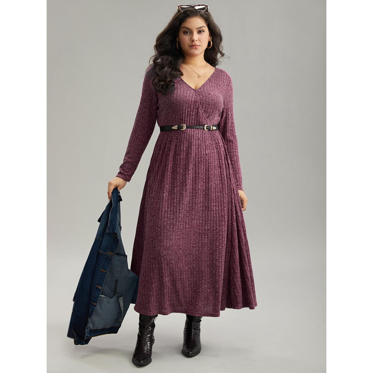 Plus Size Solid Rib Knit Overlap Collar Pocket Dress Purple Women Casual Texture Overlap Collar Long Sleeve Curvy Midi Dress BloomChic 14-16/1X Product Image