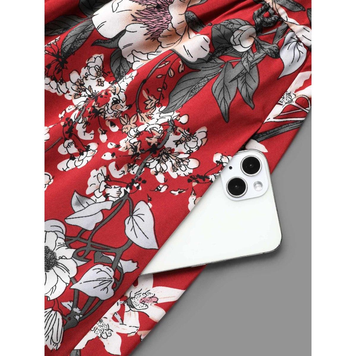 Plus Size Floral Print Waist-Tie V-Neck Midi Dress Scarlet Women Elegant Belted V-neck Half Sleeve Curvy BloomChic 26/4X Product Image