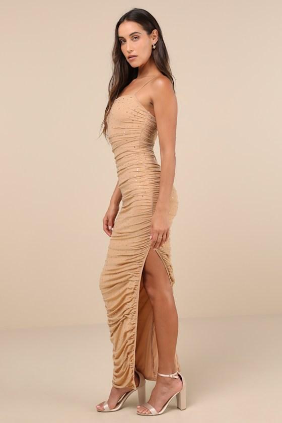 Sparkling Intuition Tan Mesh Rhinestone Ruched Maxi Dress Product Image