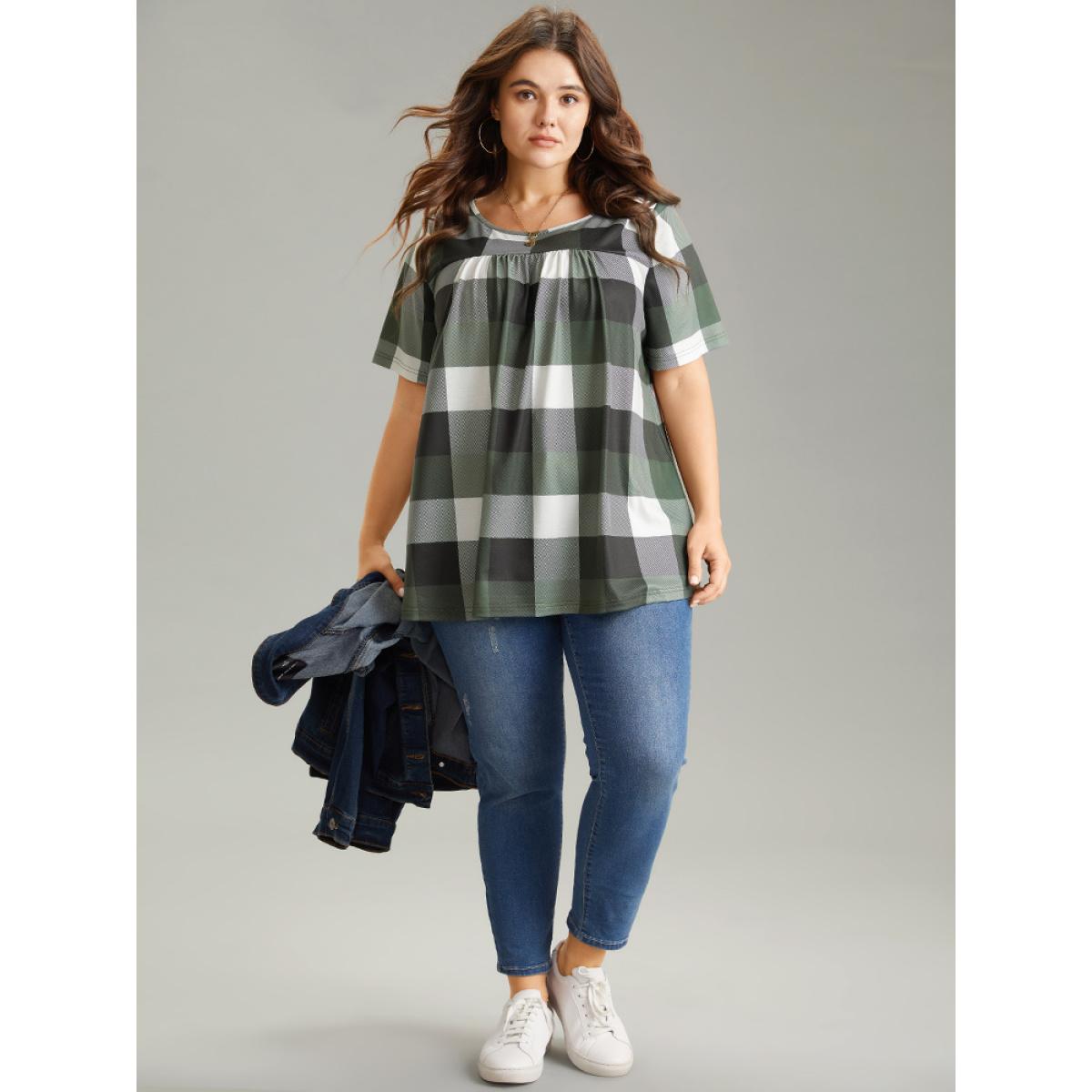 Plus Size Plaid Round Neck Gathered T-shirt Green Women Casual Gathered Plaid Round Neck Everyday T-shirts BloomChic 14-16/1X Product Image
