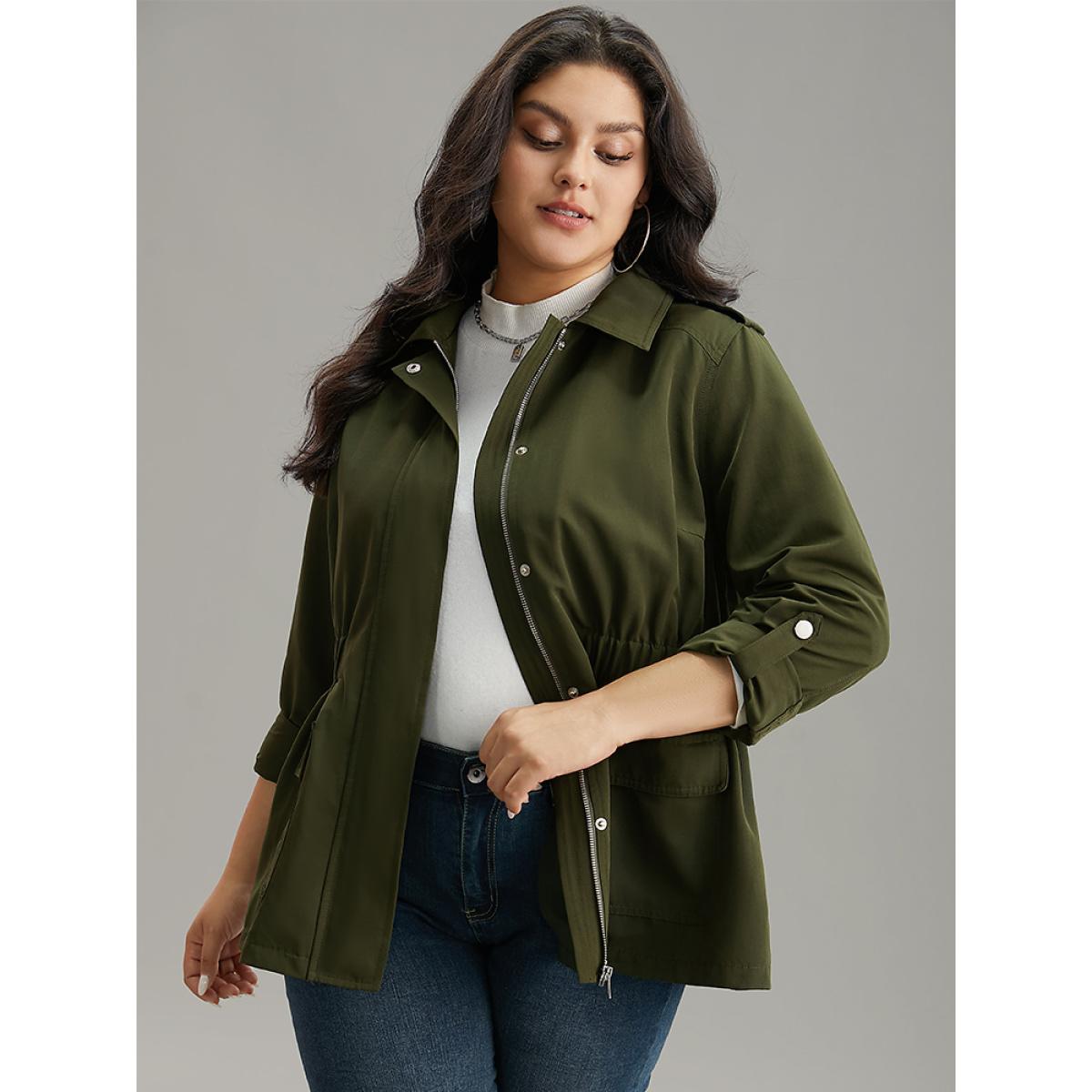 Plus Size Solid Elastic Waist Zipper Fly Flap Pocket Coat Women Cyan Casual Plain Ladies Dailywear Winter Coats BloomChic 18-20/2X Product Image