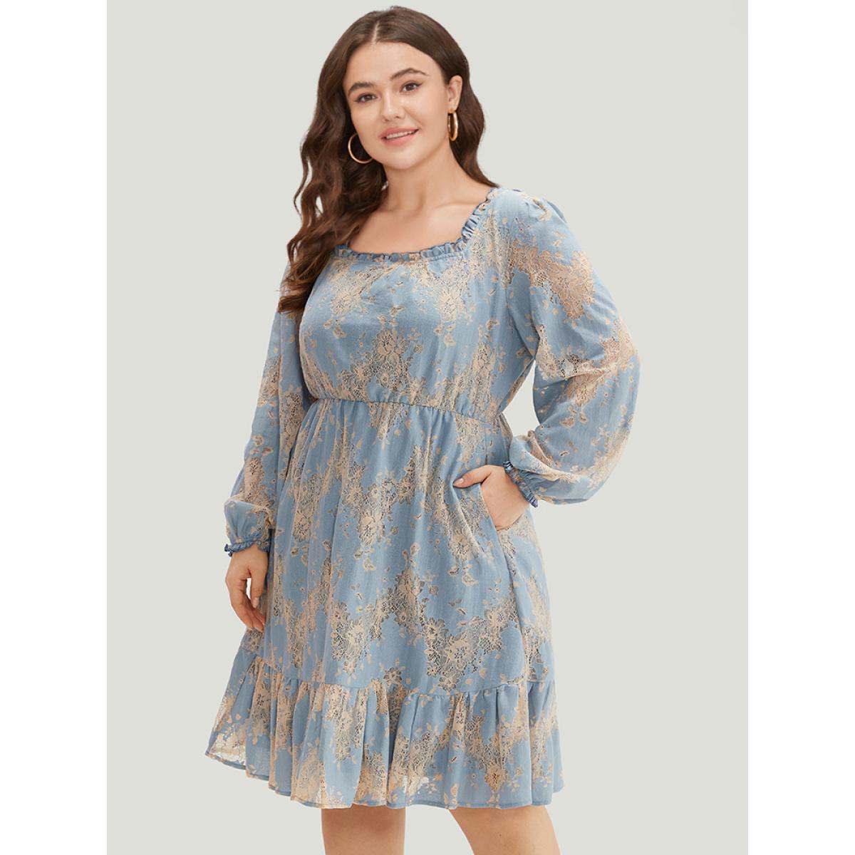 Plus Size Contrast Lace Panel Frill Trim Lantern Sleeve Dress Aegean Women Vacation Elastic cuffs Square Neck Long Sleeve Curvy Midi Dress BloomChic 12/L Product Image